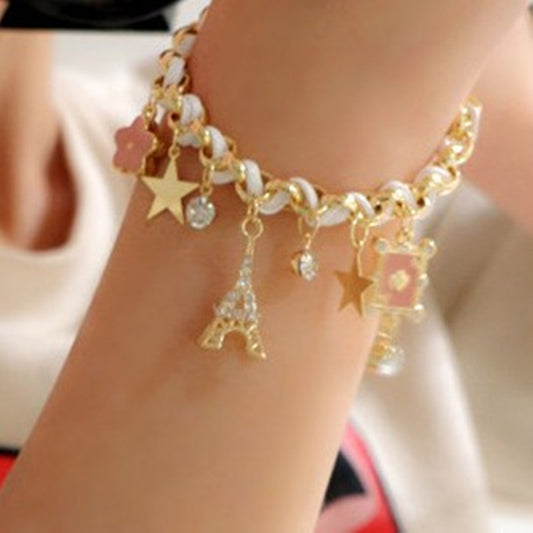 Womens Alloy Bracelet Rhinestone And Artificial Gems Korean Star Flower Design Electroplated Leather Rope Bracelet
