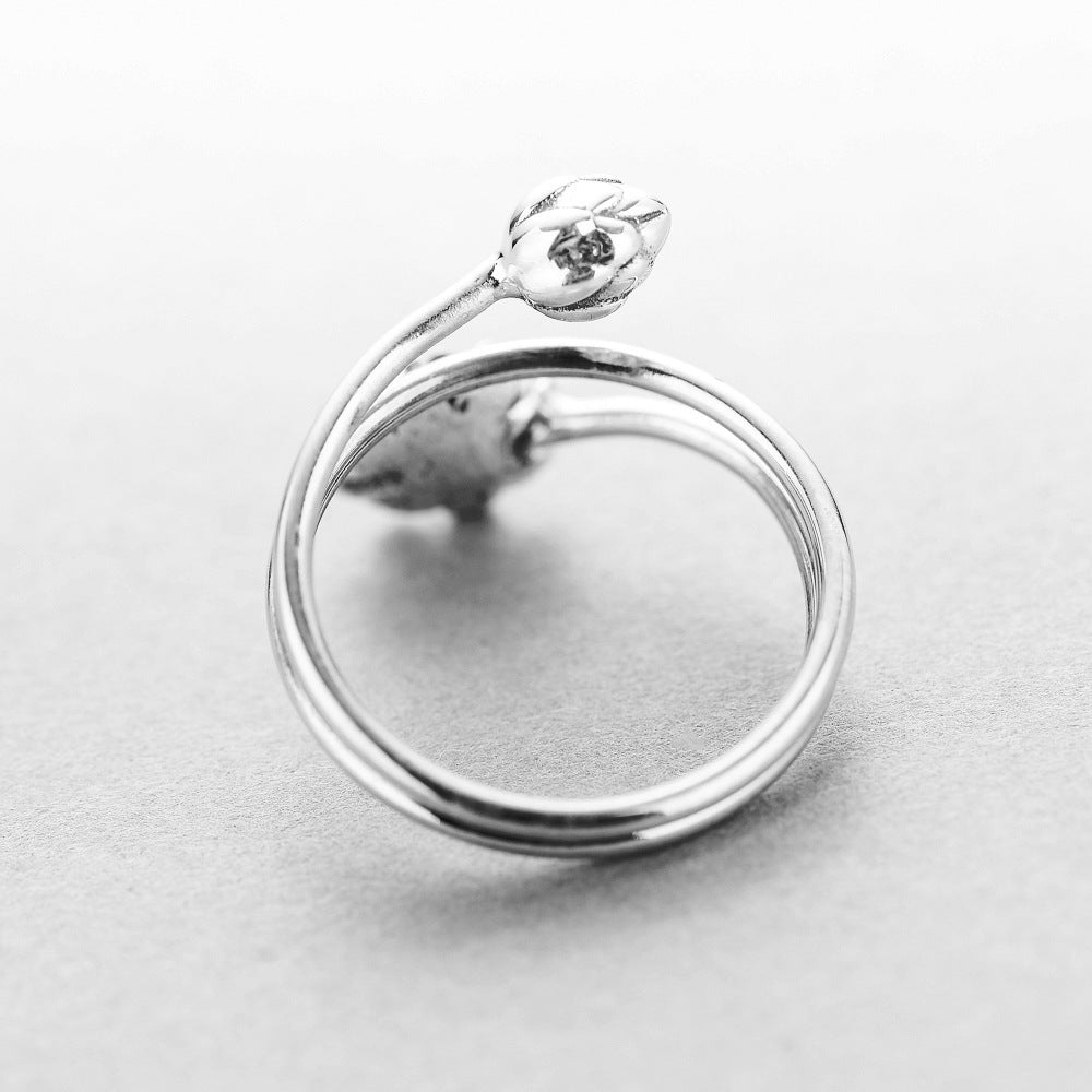 Lotus Flower Vintage Electroplated Unisex Ring Adjustable Opening 925 Silver Purity Birthday Gift Lotus Flower