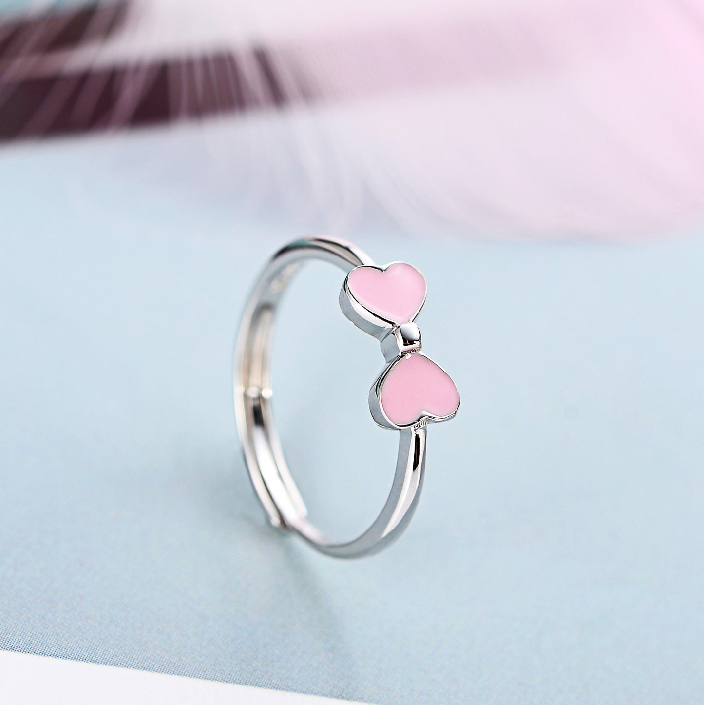 925 Sterling Silver Ring With Epoxy Bow Design Adjustable Opening Heart Shaped Ring Korea Jewelry Red Pink For