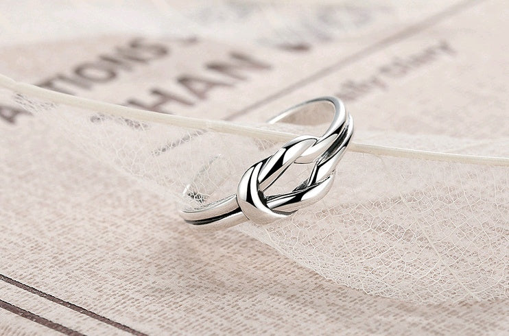 Sterling Silver Double Line Knotted Ring Retro Vintage Adjustable 925 Silver Purity Statement Ring for Women