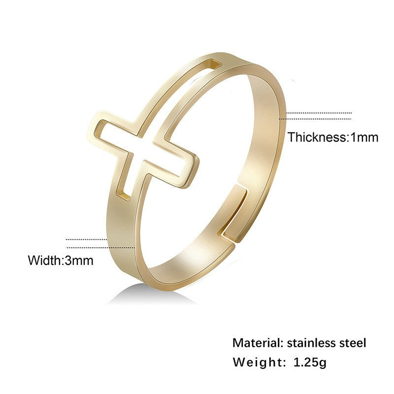 Womens Stainless Steel Cross Ring Adjustable Open Band Fashion Jewelry Gold White Rose Gold Colors Gift Birthday