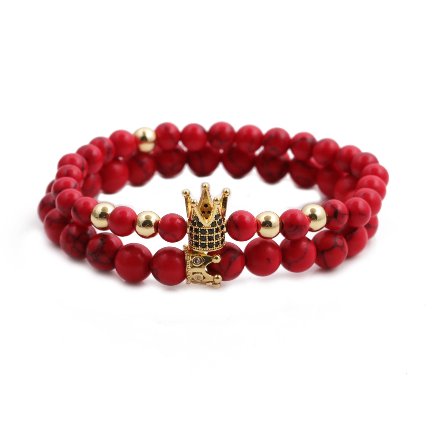 Red Pine Wood Bracelet With Copper Crown And Red Turquoise Accents Micro Inlaid White Zircon Elastic Cord Glow