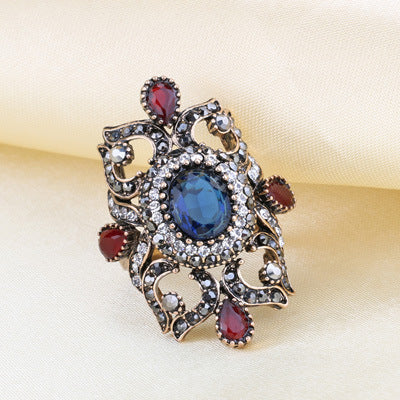 Womens Retro Flower Jewel Ring Alloy Electroplated European American Fashion Accessory Midi Ring Gold Blue Red