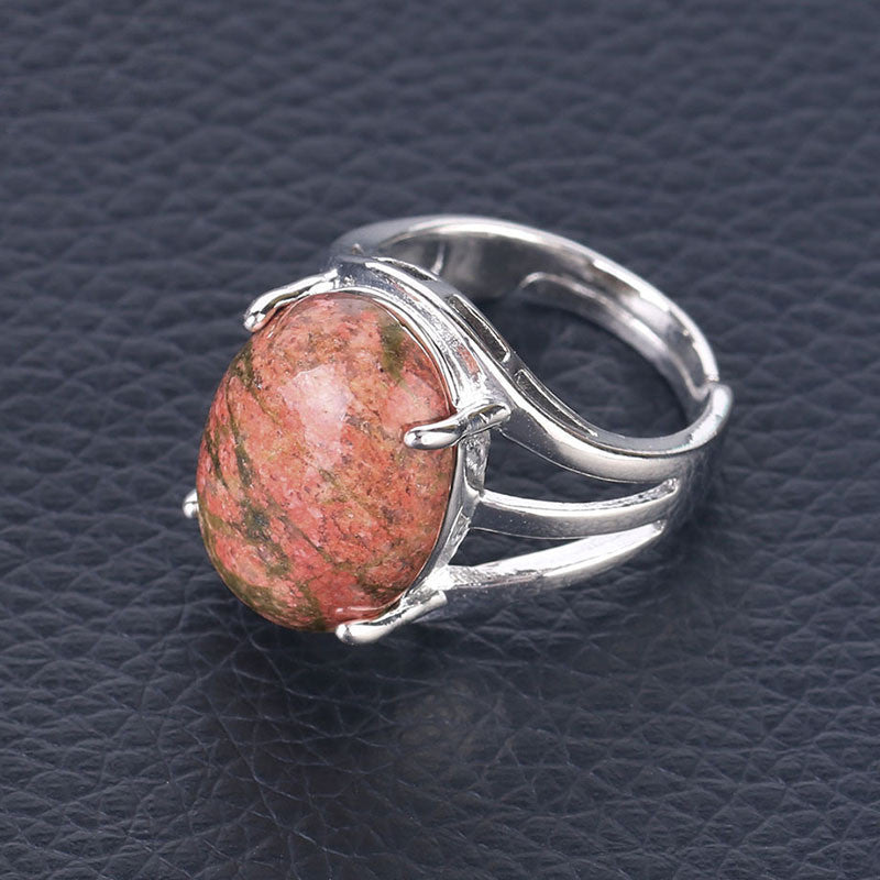 Women's Natural Stone Oval Ring Inlay Alloy Setting with Semiprecious Gemstones Jewelry Accessory Elegant Look