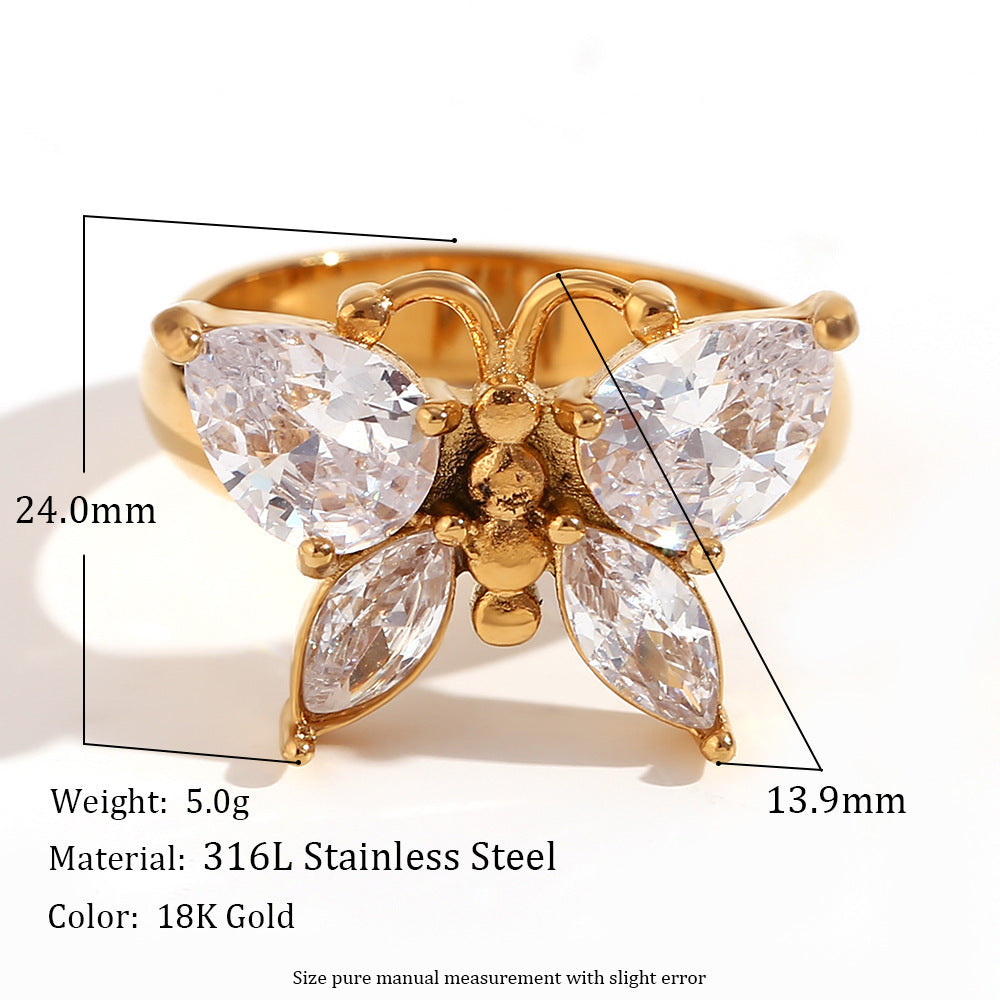 Butterfly Zircon Ring Stainless Steel 18K Gold Plated Jewelry Gift Ring For Women Elegant Daily Wear Keepsakes