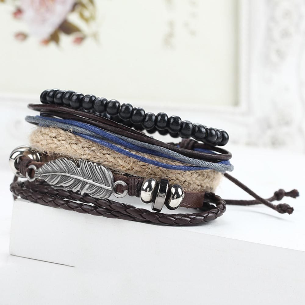 Hand Woven Leather Bracelet Angel Wing Feather Alloy Wood Beads Star Charm Unisex Geometric Style Golden Shine