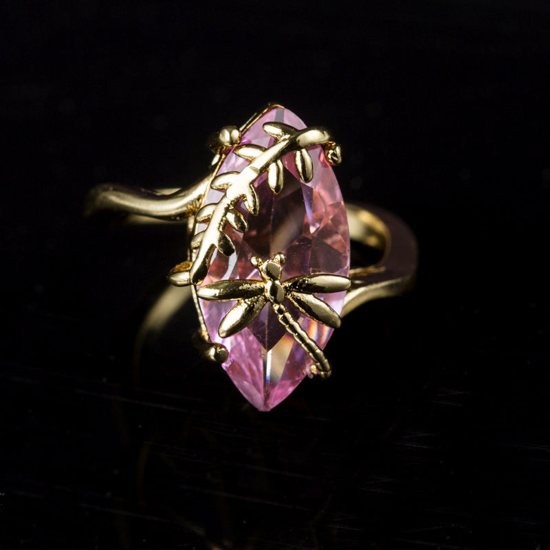 Olive Green Dragonfly Ring With Alloy Band Inlaid Gems