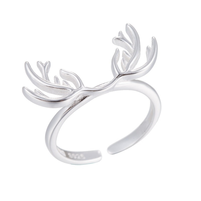 Womens Adjustable Ring Silver Deer Head Ring Copper Antler Ring Animal Ring For Women Girls Gift Electroplated