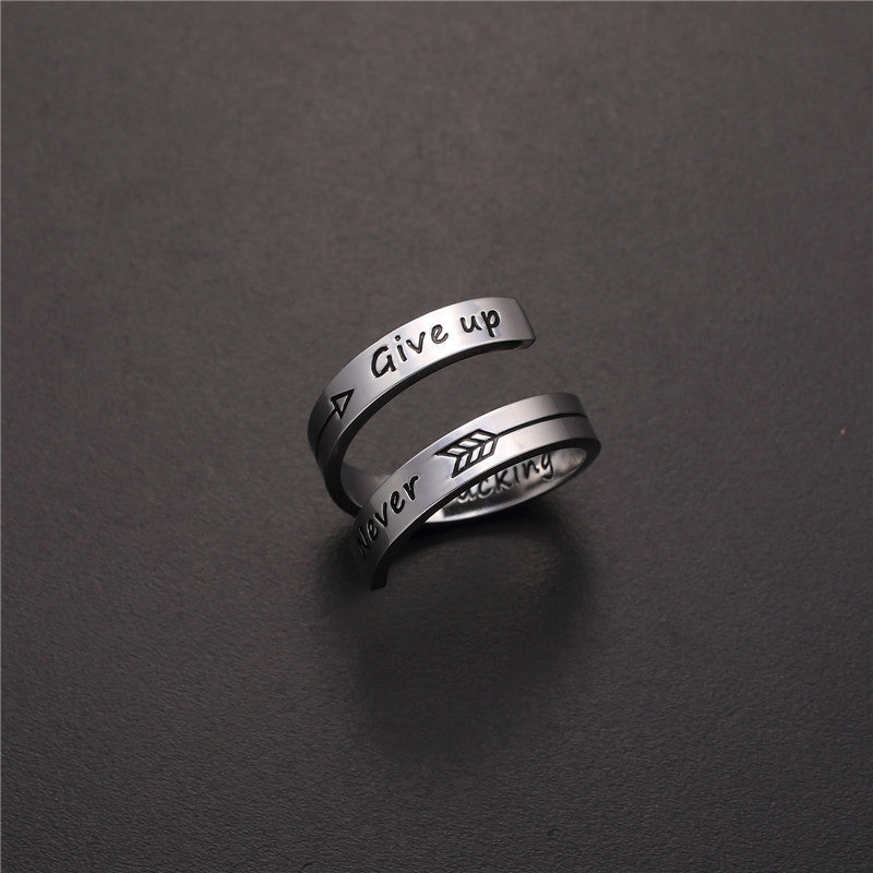 Stainless Steel Double Layer Ring Engraved Never Give Up Motivational Inspirational Band Durable Jewelry Gifts