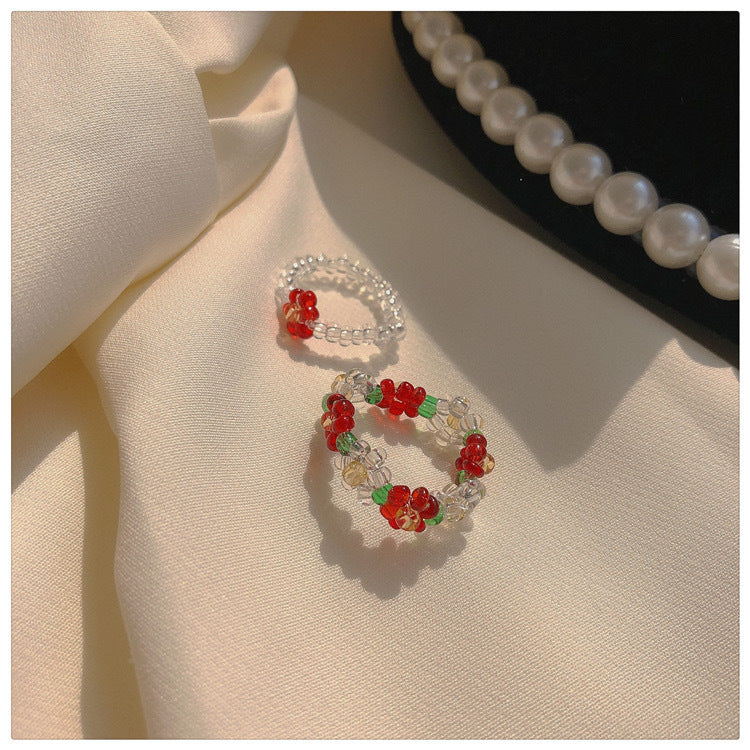 Womens Hand Woven Crystal Flower Ring Beaded Elastic Braclet Elegant Floral Fashion Jewelry Flower Design Ring