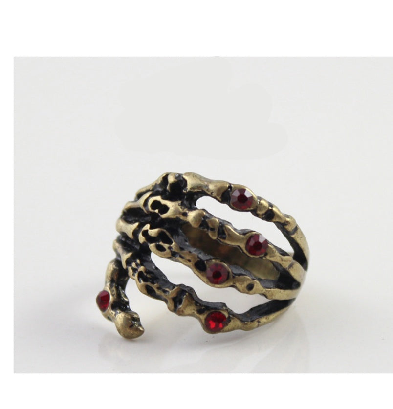 Skeleton Hand Ring With Flash Diamond Alloy Accent Retro Gold Tone Punk Fashion Jewelry Statement Ring For Men