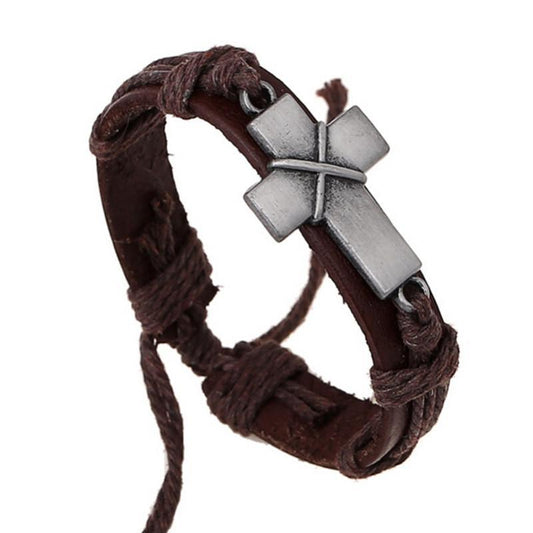 Leather Cross Bracelet For Men And Women Vintage Brown Cowhide Alloy Adjustable Length First Layered Wristwear