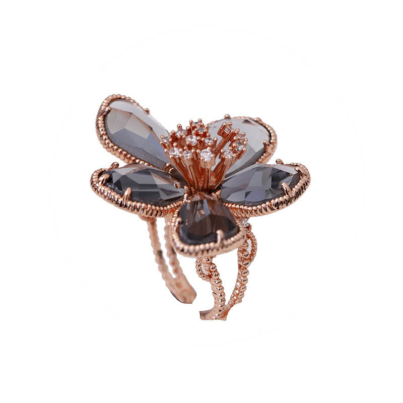 Womens Crystal Flower Ring Rose Gold Alloy Electroplated Sparkling Floral Jewelry For Birthday Anniversary Gem