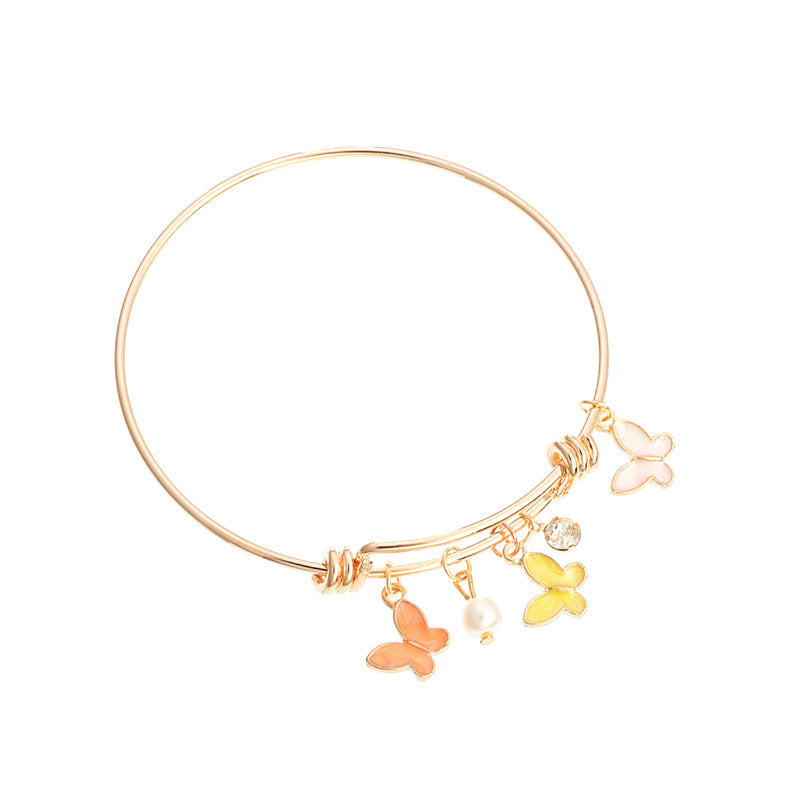 Womens Golden Floral Butterfly Pendant Bracelet Jewelry