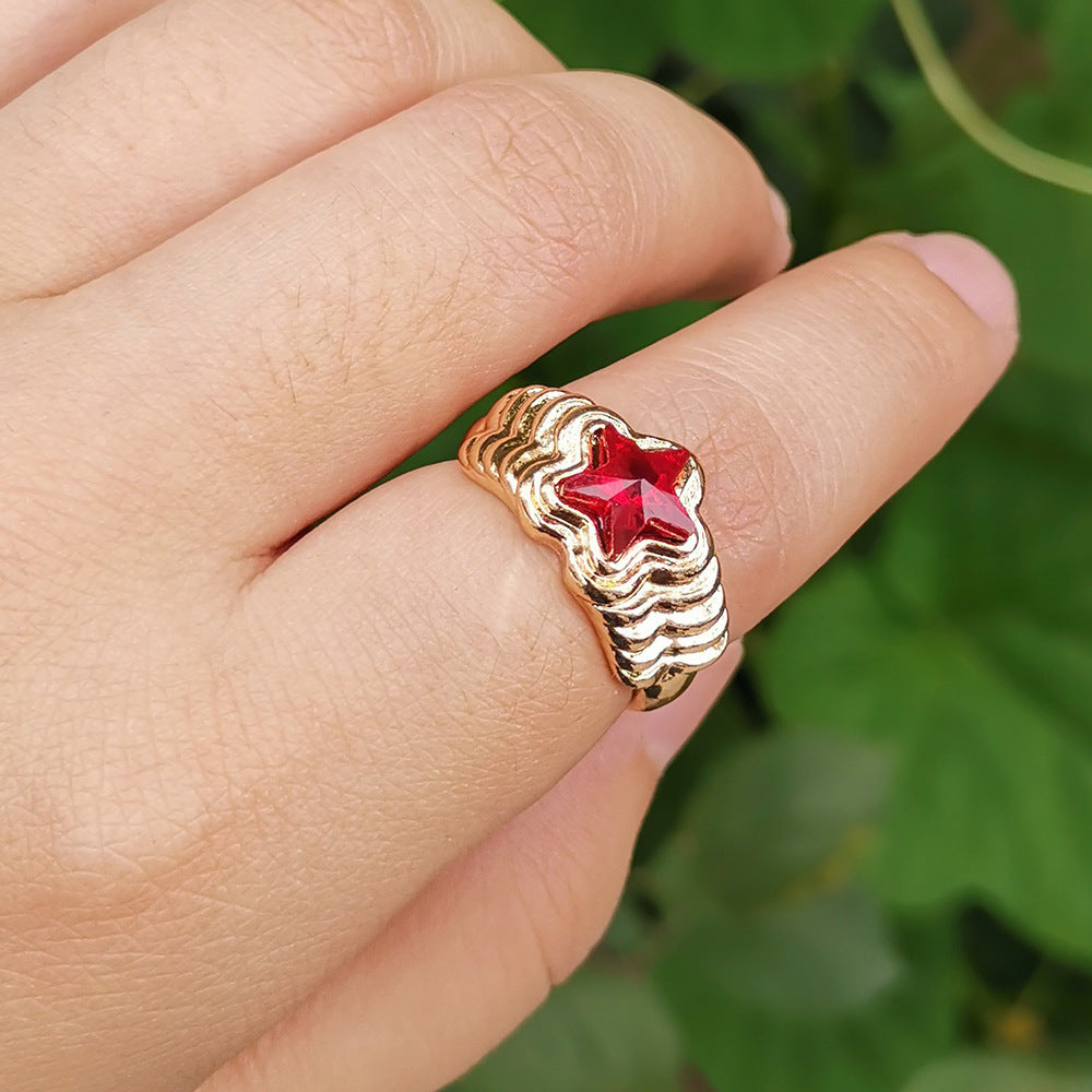 Womens Geometric Star Ring Alloy Metal Fashion Ring Retro Inlaid Star Design Electroplated Cold Wind Ring Ring