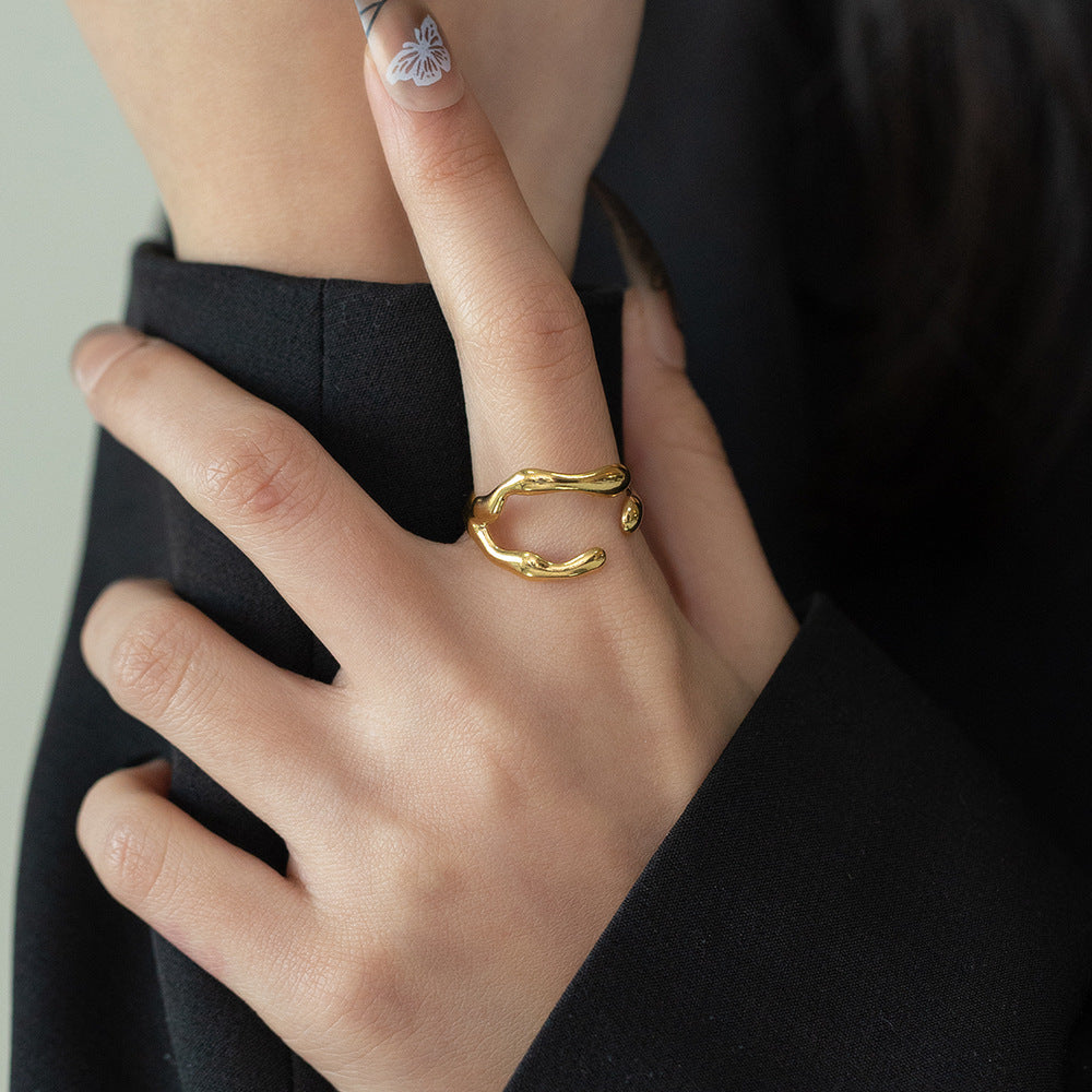 Womens Hollow Geometric Titanium Steel Ring Gold Plating Adjustable Opening Durable Everyday Wear Jewelry Chic