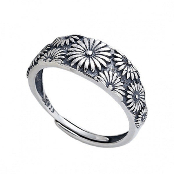 Womens Daisy Flower Vintage Alloy Electroplated Ring Thai Silver Ring European Design Ring American Design Ring
