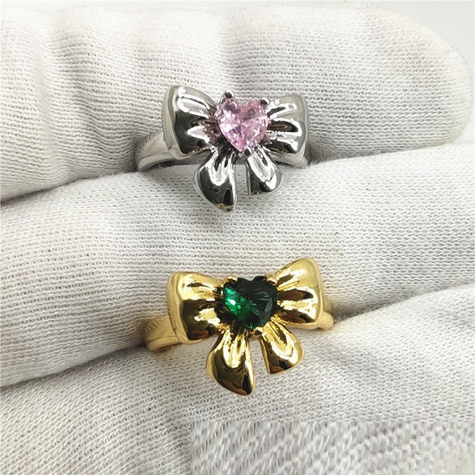 Womens Adjustable Ring Emerald Heart Zircon Bow Copper