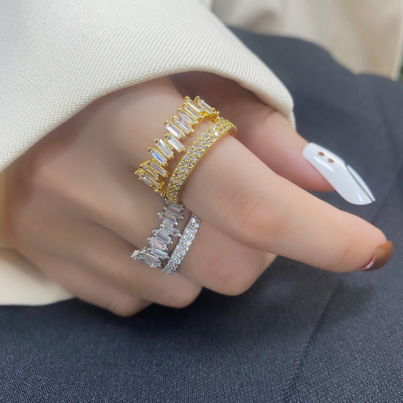 Women Double Ring Zircon Studded Irregular Rectangular Geometrical Silver Plated Fashion Jewelry Everyday Wear