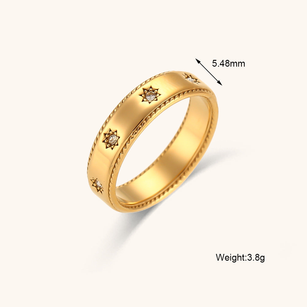Women Stainless Steel Ring With Zircon Star Simple Fashion Plated 18K Gold European And American Shine Finish