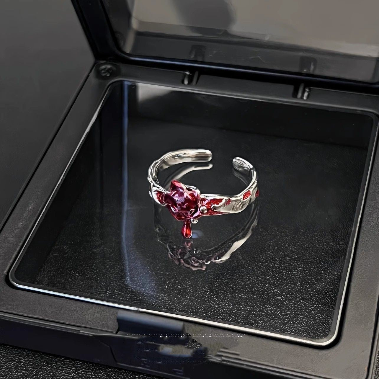 Womens Alloy Tear Ring With Dark Rose Design Jewelry