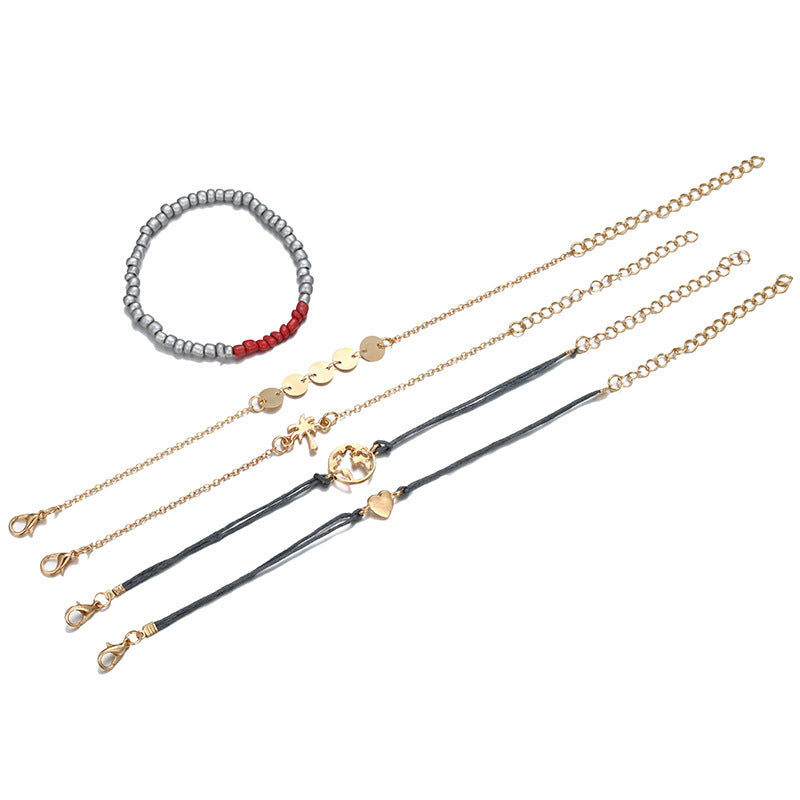 Womens Bracelet Set Alloy Coconut Tree And Love Braided Rope Geometric Metal Design Bracelets For Women Trendy