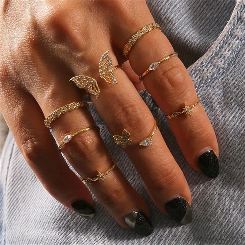 Womens Butterfly Flower Ring Set Vintage Alloy Jewelry 8 Piece With Artificial Gem Inlays For Wedding And Festive Wear