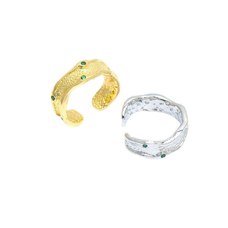 Simple Niche Wave Tin Foil Ring Inlaid With Brick Plating