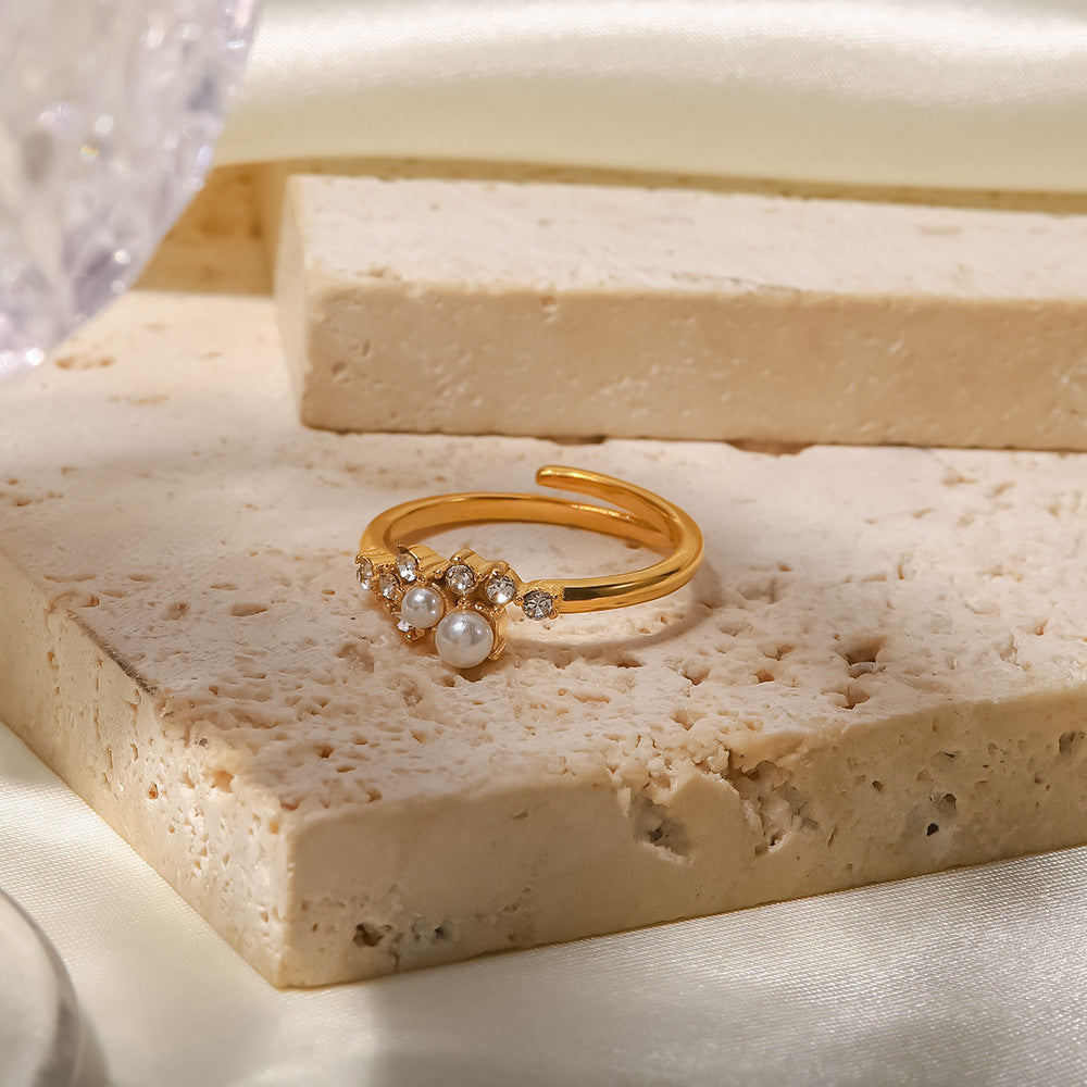 Womens Fashion White Pearl Diamond Ring Stainless Steel Jewelry Elegant Gift For Anniversary Promise Ring For Women Ring