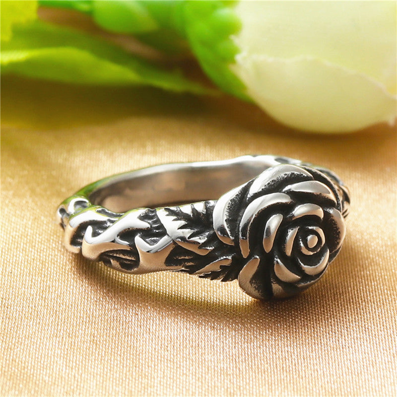 Titanium Steel Flower Ring Retro European American Polished Durable Daily Wear Statement Jewelry Elegant Style