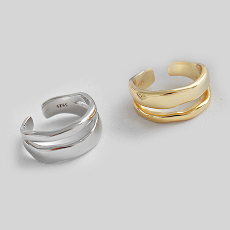 Wave Ring Double Glazed Copper Ring Irregular Line Design in Gold and White Gold Finish 9mm Wide 17mm Diameter