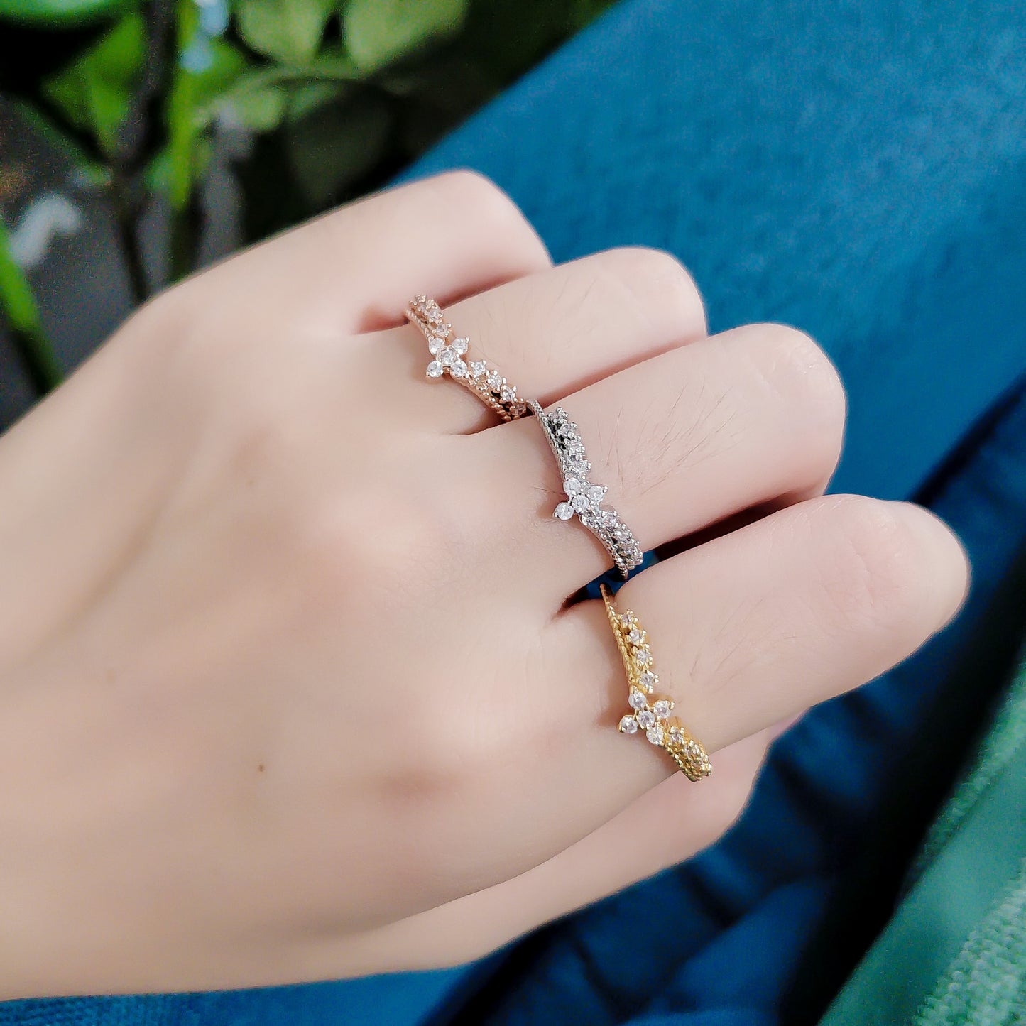 Adjustable Copper Index Finger Ring Korean Geometric Design Alloy Inlaid Gem Electroplated Gold Rose Finish Shine Style