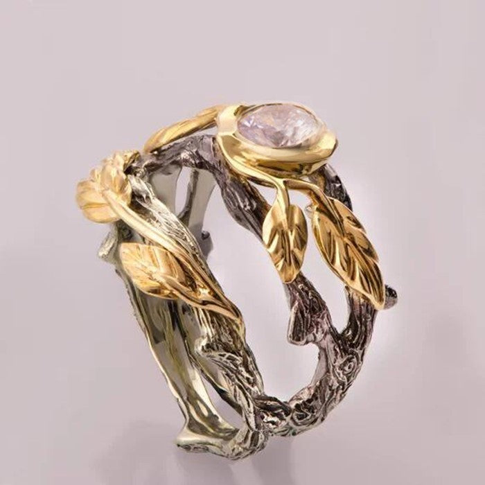 Gold Plated Couple Ring With European Branch Design Alloy Band Gems Semi Precious Stones For Elegant Gift Wear