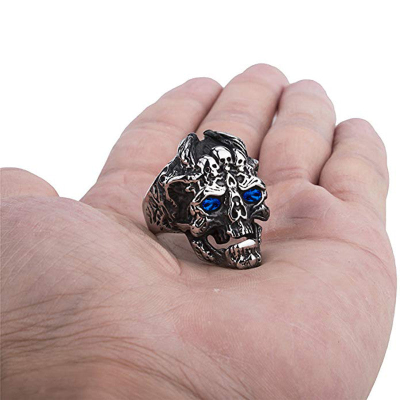 Mens Devil Dragon Head Ring Alloy Electroplated Titanium Steel Ring Zircon Inlaid Gemstones Biker Punk America