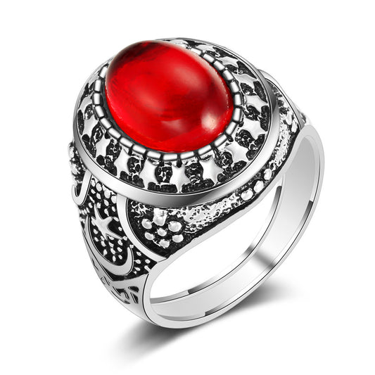 Womens Vintage Alloy Ring Antique Silver Electroplated Geometric Moon And Stars Design With Ruby Gem Inlay Fashion