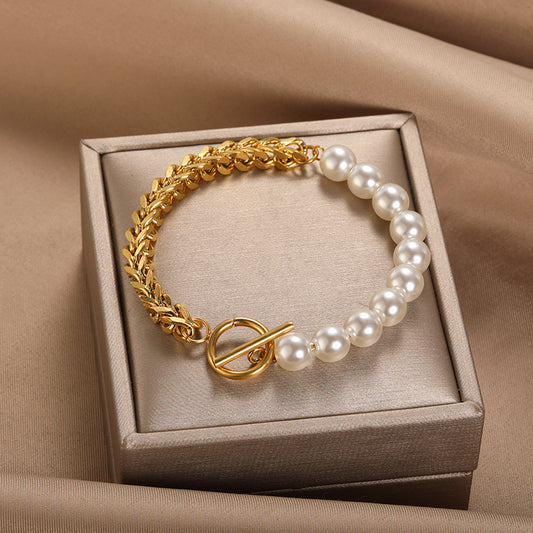 Womens Stainless Steel Bracelet With Pearl Inlay Geometric Design Gold Finish Or Platinum Finish Modern Look 2