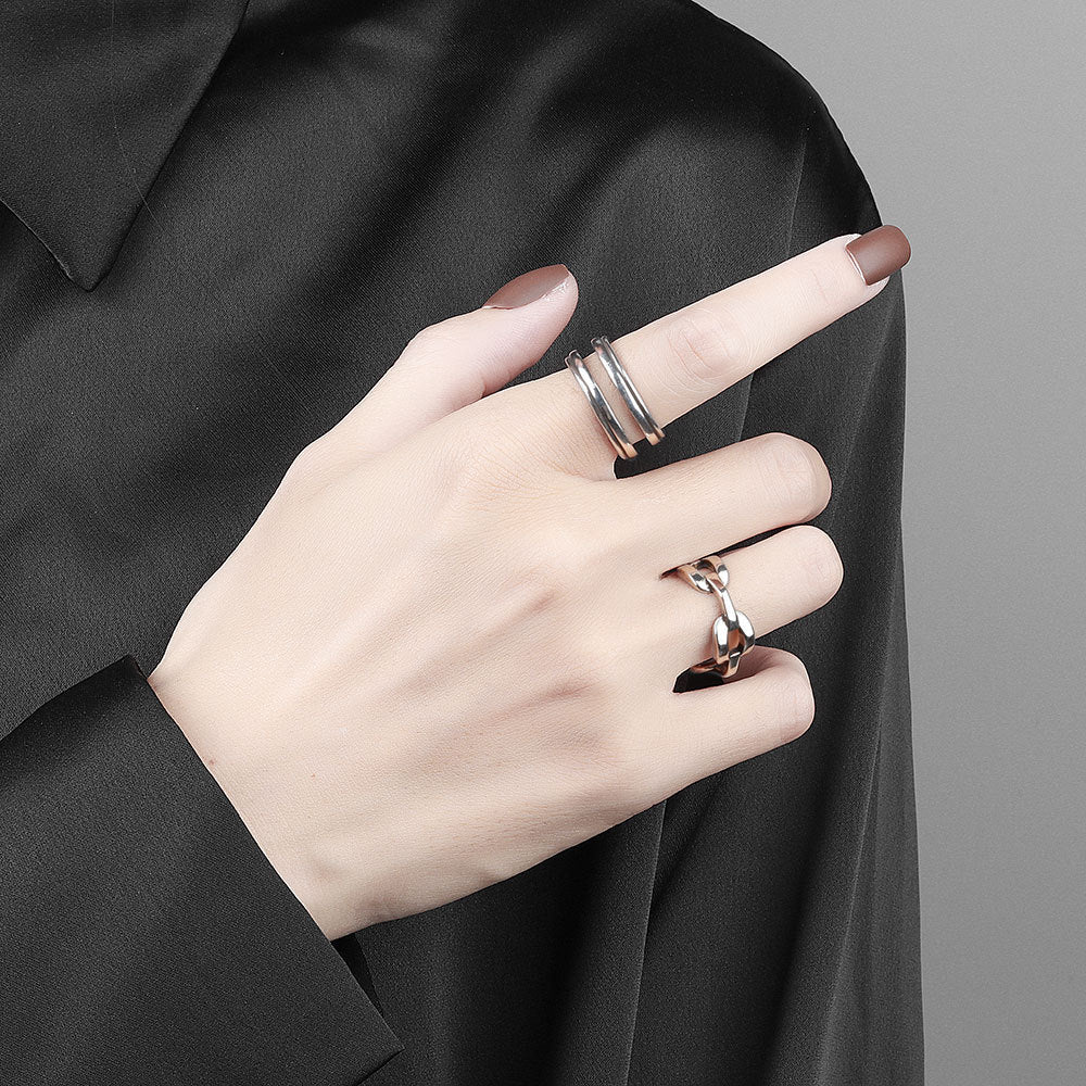 Adjustable Copper Ring With Chain Link Retro Hollow Geometric Thai Silver Three Layer Electroplating Bold Tone