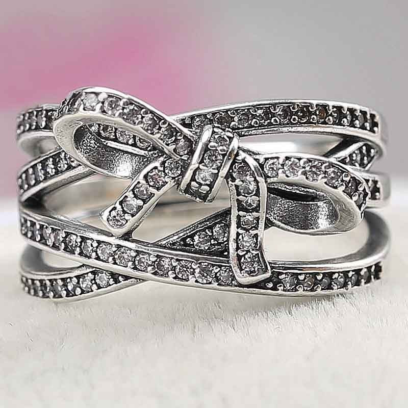 Womens Multi Layer Cross Bow Ring Rhinestone Copper European American Style Festive Gift Ring For Her Delicate