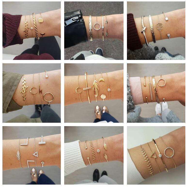 Womens Gold and Silver Crystal Leaf Moon Arrow Cat Bracelet Set Adjustable Open Bangle for Women Elegant Style Chic