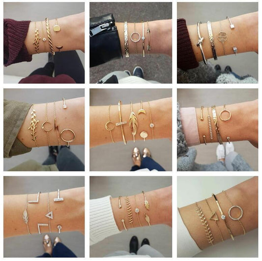 Womens Gold and Silver Crystal Leaf Moon Arrow Cat Bracelet Set Adjustable Open Bangle for Women Elegant Style Chic