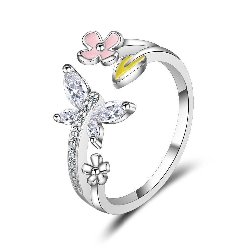 Womens Rhinestone Flower Ring Adjustable 17mm Inner Diameter Platinum Zircon Jewelry Japanese Korean Style Pro