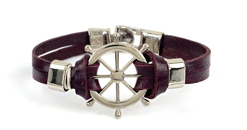 Rudder Anchor Leather Bracelet Nautical Theme Lightweight Plated Alloy Jewelry For Men For Casual Everyday Use