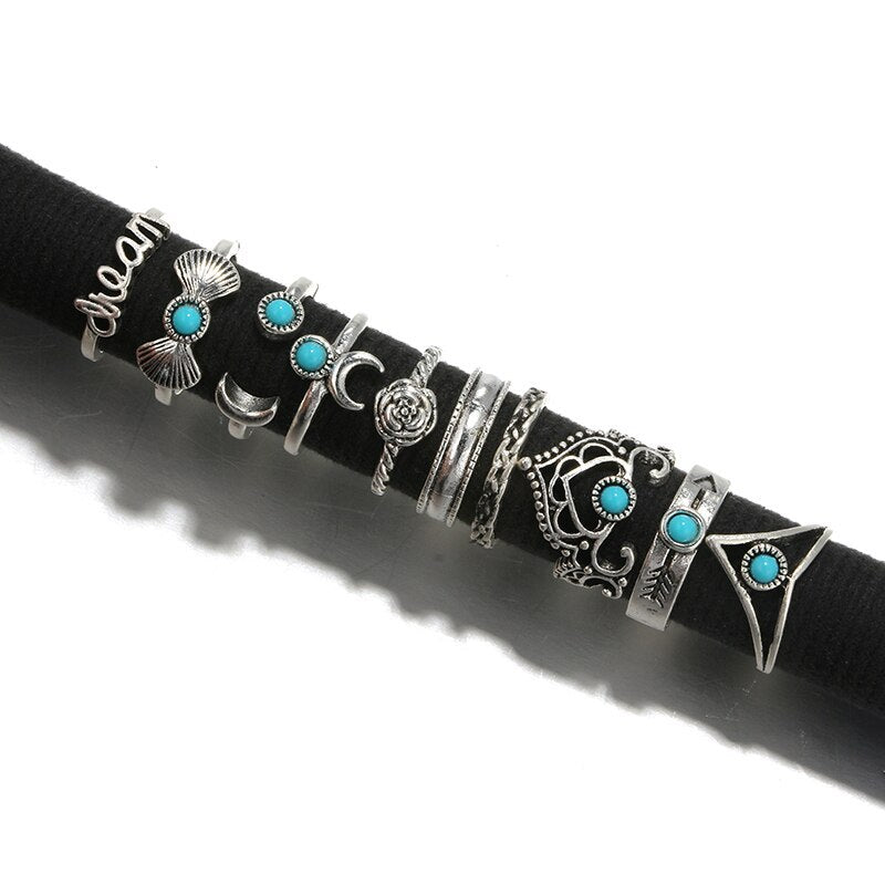 Womens Crescent Turquoise Ring Set With Alloy And Artificial Gems And Semi Precious Stones Fashion Jewelry Rings