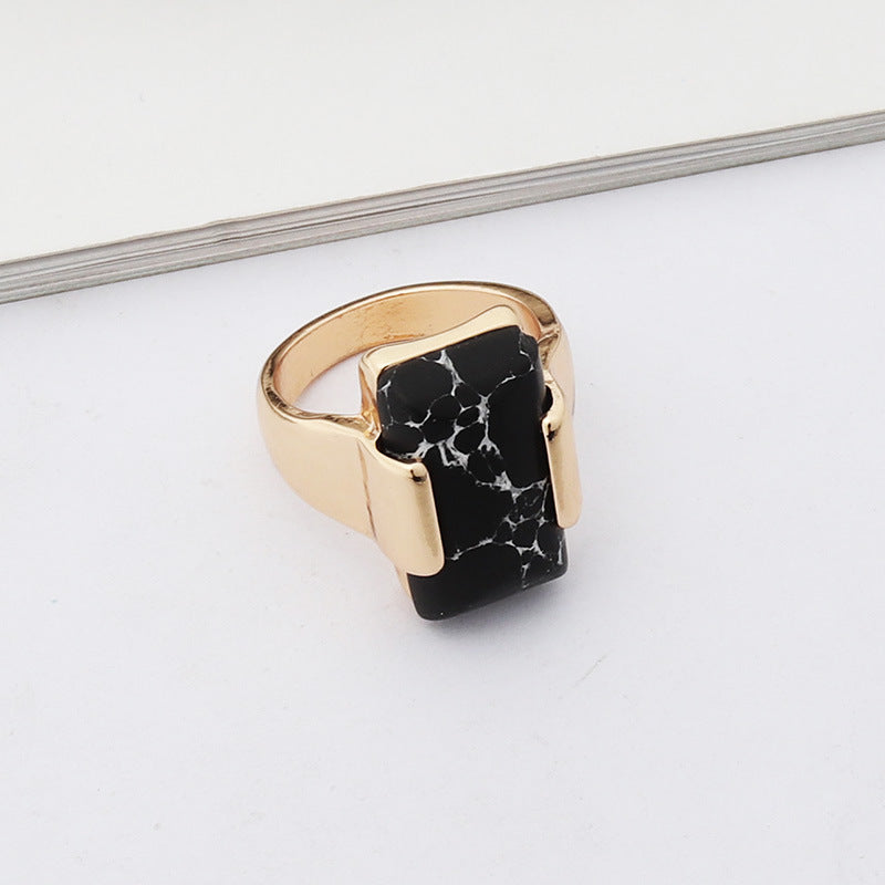 Women Alloy Rectangular Geometric Ring Gold Plated Gemstone Jewelry European American Style Fashion Accessory