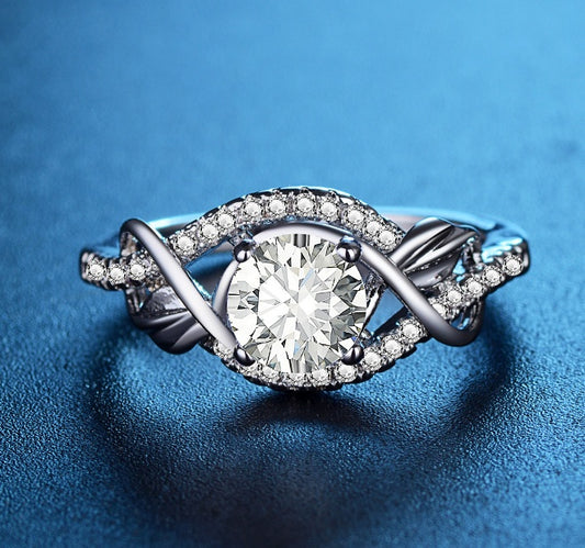 Womens Ring With 6mm ZirconMain Stone WhiteCopper Band Inlaid Zircon Accent Ring Fashion Jewelry Gift For Her