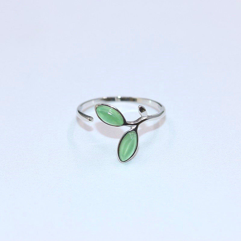 Sterling Silver Ring For Women Adjustable Open Ring S925 Gemstone Inlaid Leaf Design Bud Green Leaf Fine Craft