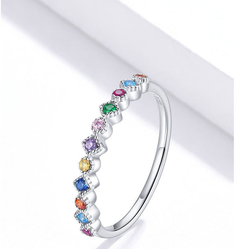 Rainbow Sterling Silver Ring For Women And Girls Zircon Plated 925 Lightweight Thin Band Hypoallergenic Comfort