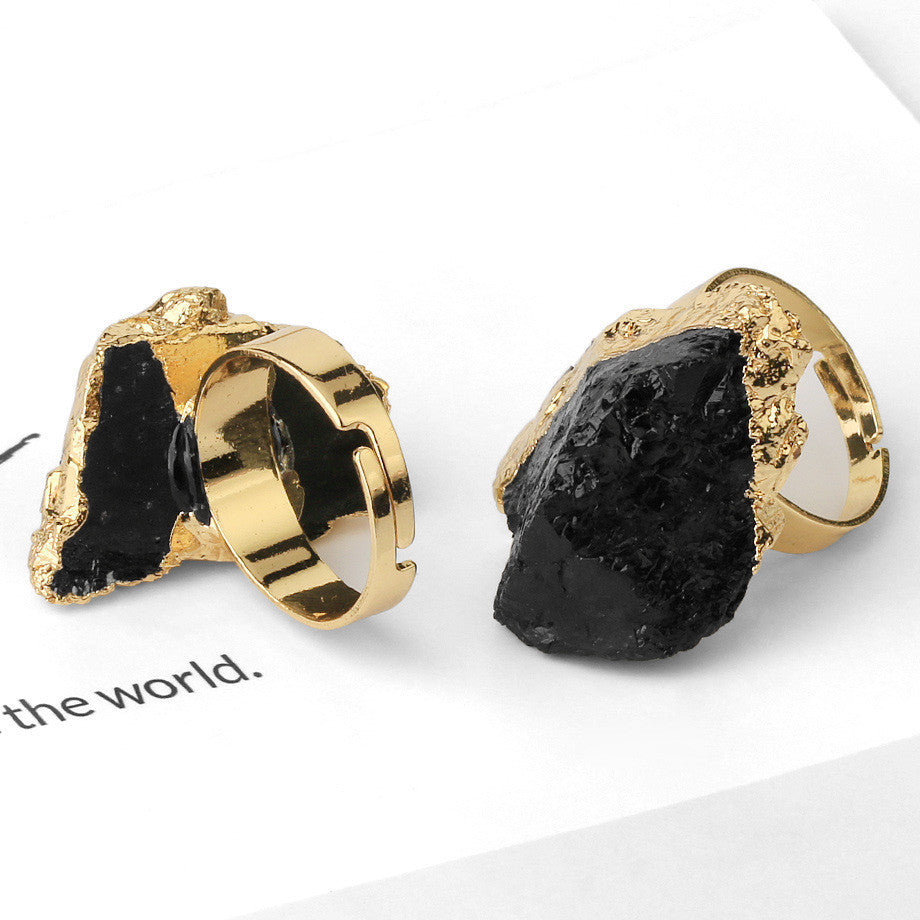Natural Stone Ring Adjustable Unisex Irregular Shape Kyanite Black Tourmaline Gemstone Jewelry Gift for Jewelry Lovers