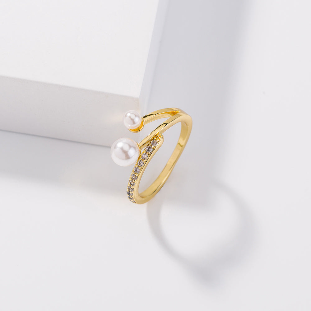 Adjustable Gold Ring With Diamond Zircon Pearl Design