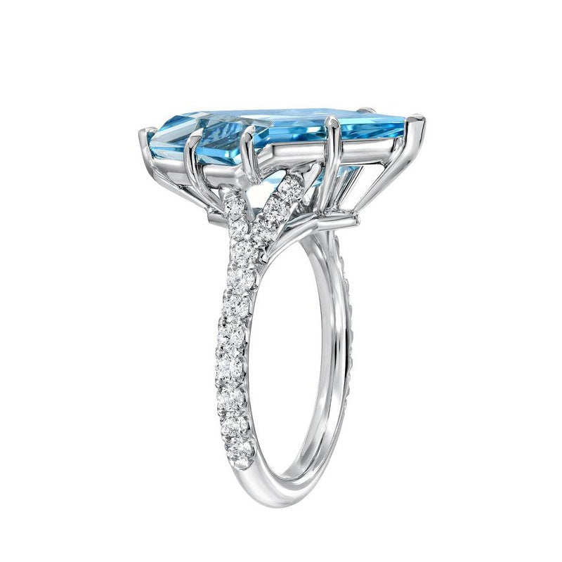 Womens Exaggerated Hollow Blue Triangle Diamond Accent Copper Geometric Ring Party Jewelry Elegant Unique Blue